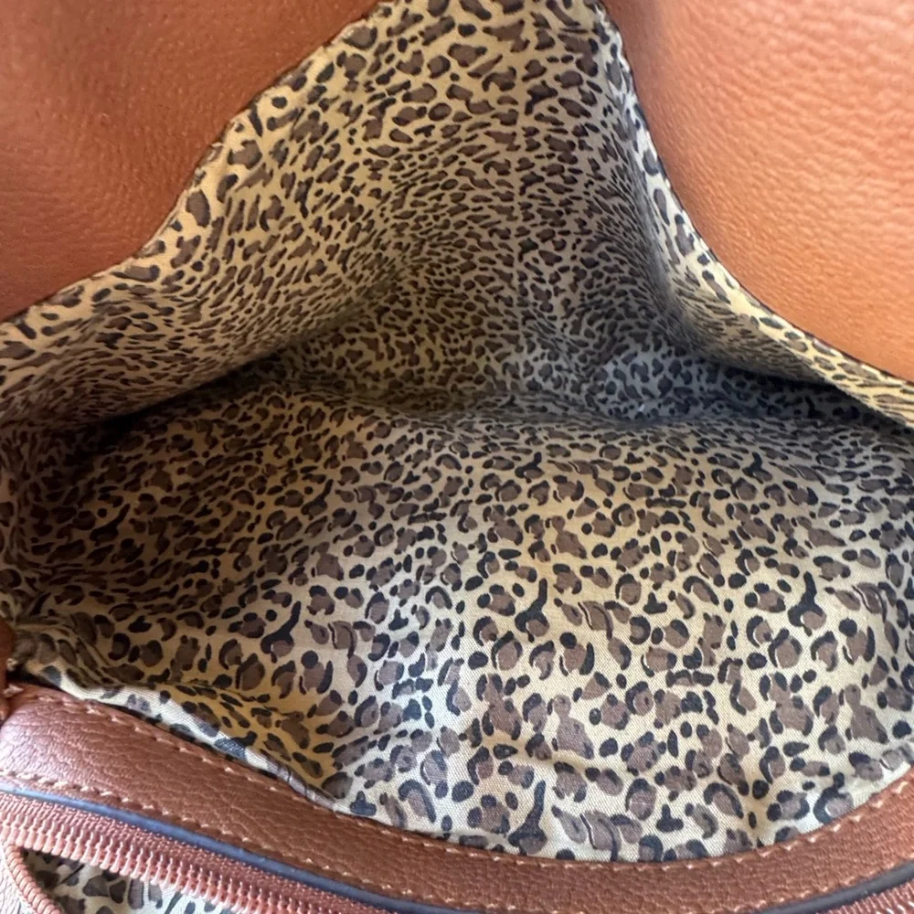 Nanette Lepore Pebbled Leather Tassel Tote Brown Boho Chic Animal Print Classic - Picture 9 of 14